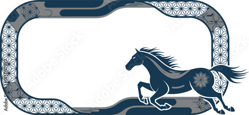Dark blue horse running inside frame decorated with geometric patterns and wavy lines oriental style design for decoration or invitation