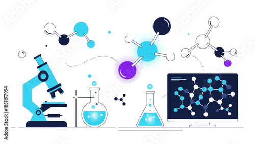 Scientific research concept with molecules and lab equipment in modern flat design