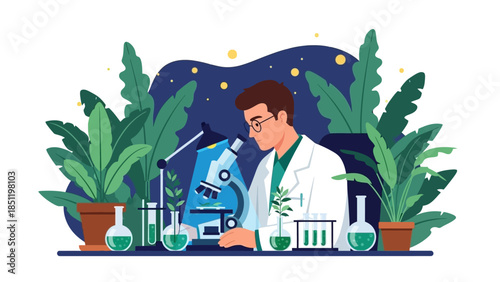Scientist in lab with plants and microscope: botanical research and experiments
