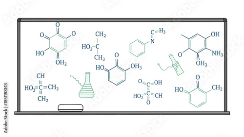 Chemistry classroom whiteboard with hand-drawn chemical formulas and lab equipment