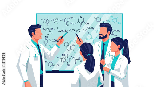 Scientists collaborating on chemistry formulas at interactive whiteboard