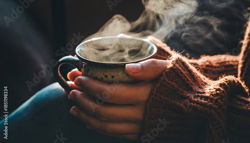 фотографія A close-up of hands holding a warm, steaming ceramic mug of tea, wearing a thick knit sweater, emphasizing the tactile comfort of a quiet winter morning