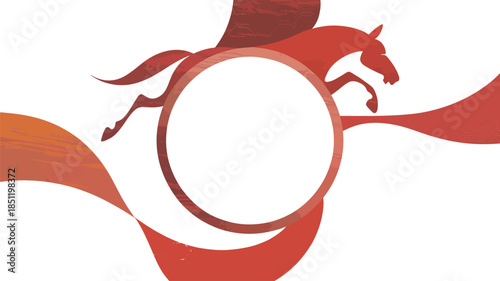 dynamic jumping horse silhouette with abstract red flowing ribbons on transparent background, energy