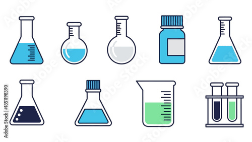 Colorful laboratory glassware collection: chemistry bottles and flasks icons