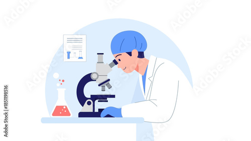 Scientist in laboratory engaged in microscope research analysis