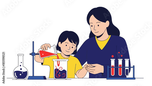 Parent and child engaging in chemistry experiment with lab equipment
