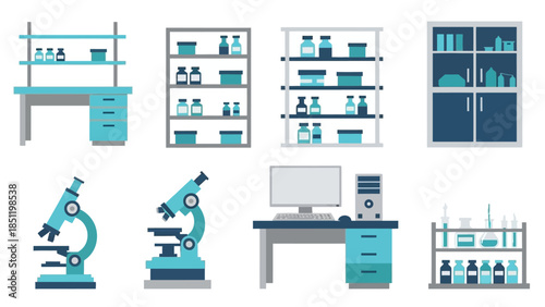 Laboratory equipment and furniture set in flat design for modern scientific research