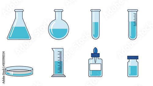 Colorful laboratory equipment icons featuring beakers and test tubes