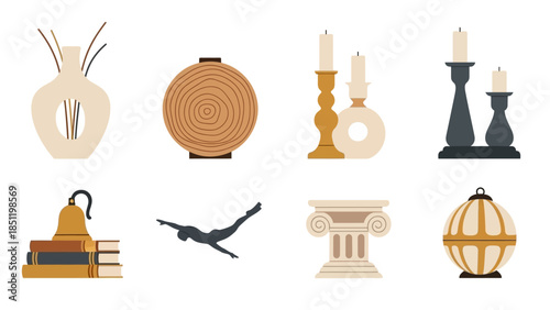 Modern minimalist home decor collection featuring candles and sculptures