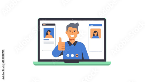 Virtual meeting with friendly gesture on laptop screen