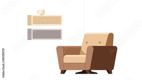 Cozy living room scene with modern armchair and wall shelves
