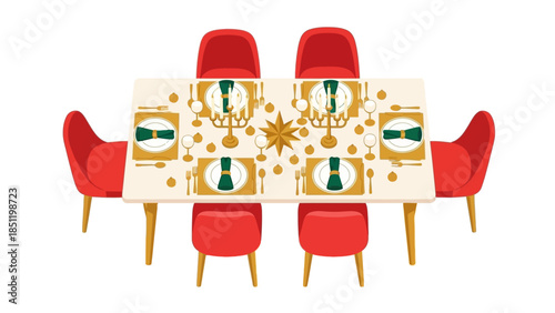 Elegant festive dining table setup with red chairs and holiday decor