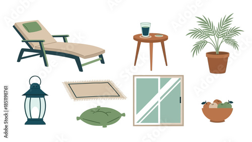 Cozy patio set with lounge chair and decor elements in flat design
