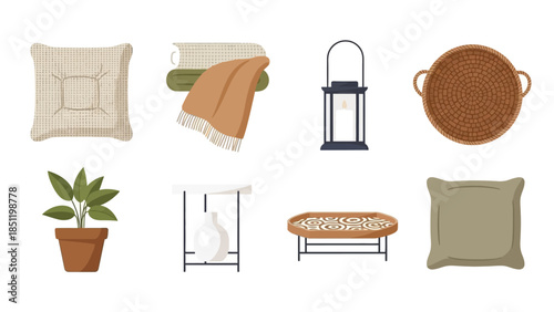 Contemporary home decor elements: cushions, blankets, lantern, and plants