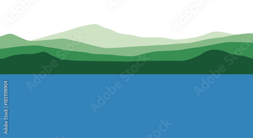 Minimalist Landscape with Green Hills and Blue Water.