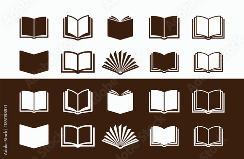 Collection of open and closed book icons in various orientations