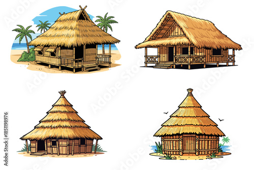 Bungalow hut, straw vector African thatched nipa house, village bamboo beach tent building roof. Poor people shack, Hawaii summer tropical camp construction. Cartoon traditional bungalow hut clipart
