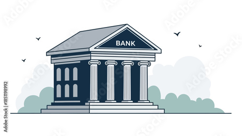 Classic bank building with columns and birds in minimalist style