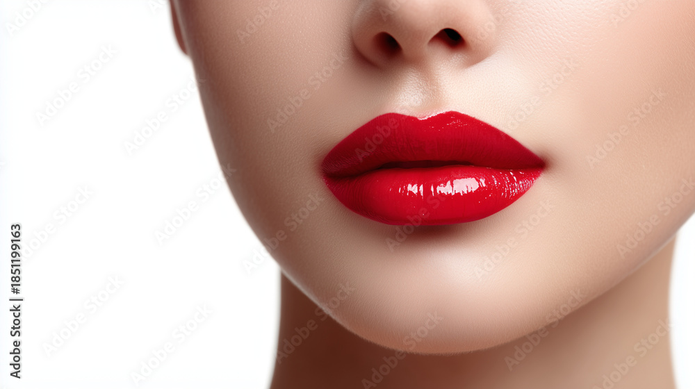 Fototapeta premium Glossy red lips close-up with smooth skin texture on clean white background, elegant beauty and makeup concept showing sensual lipstick shine, minimal aesthetic for cosmetics advertising, branding