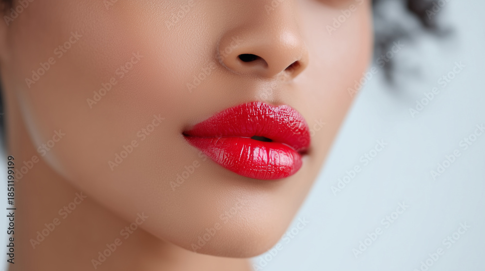 Fototapeta premium Glossy red lips close-up with smooth skin texture on clean white background, elegant beauty and makeup concept showing sensual lipstick shine, minimal aesthetic for cosmetics advertising, branding