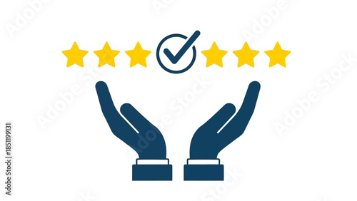 Five star rating with hands and check mark symbol for quality assurance concept