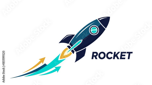 Dynamic rocket launch with colorful trails in modern flat design