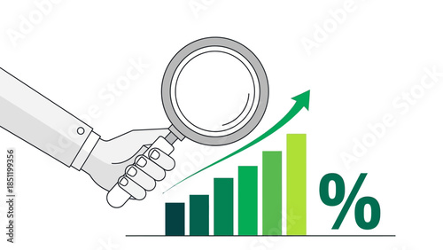 Analyzing growth: magnifying glass and rising bar chart in minimalist design