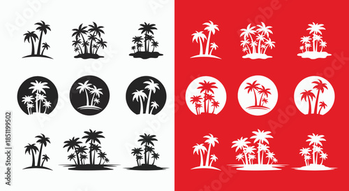 Palm tree silhouette designs in black and white on red and white backgrounds