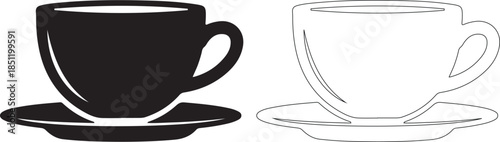 Black and white coffee cup and saucer vector icon set. Isolated. isolated PNG with Transparent Background