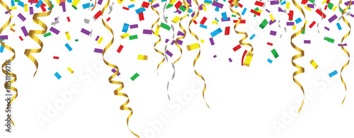 Festive vector illustration featuring falling colorful confetti and golden curly streamers on a white background for celebratory party events and holiday backgrounds