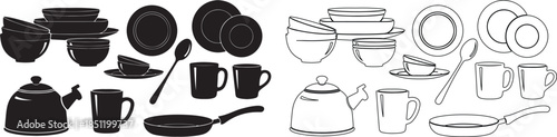 Kitchenware Set Vector Illustration with Black Silhouettes and Outline Line Art isolated PNG with Transparent Background
