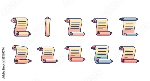 Collection of rolled scrolls ancient documents and decorative elements