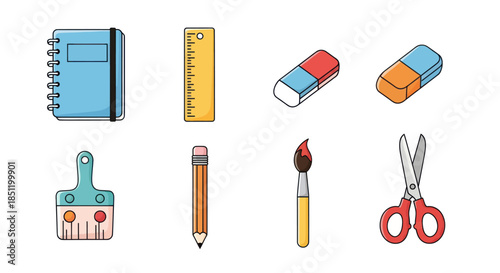 Collection of school and office supplies isolated on white background