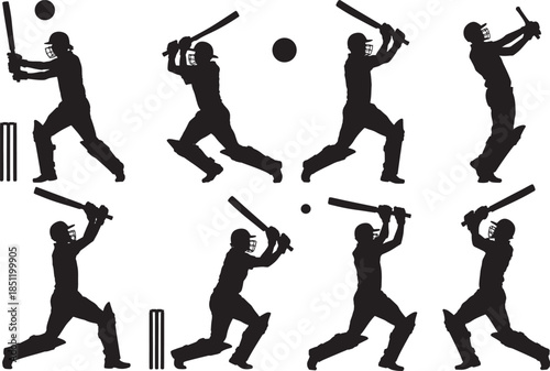 Cricket player silhouettes in action hitting ball