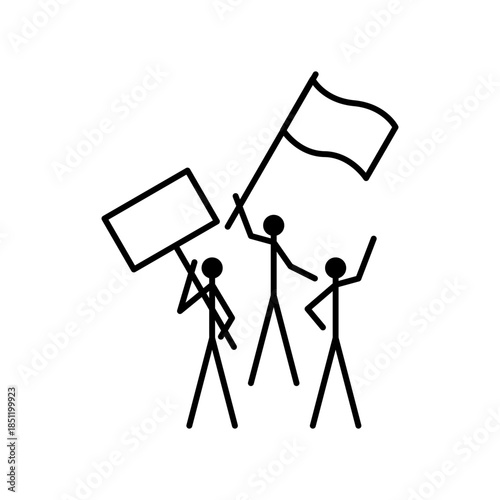 Protest Stick Figure Vector Icon. Activists holding banners and flags during a demonstration or political rally. Minimalist line art for activism, protest, and social movement.