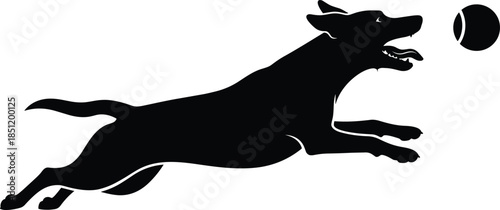 Dog jumping to catch ball silhouette, playful pet action, canine sport activity, training exercise concept, black white vector illustration