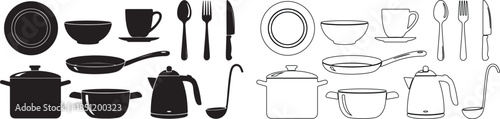 Kitchen Utensils and Cookware Vector Collection. Set of Black Silhouette and Outline Line Art Icons for Food Preparation isolated PNG with Transparent Background