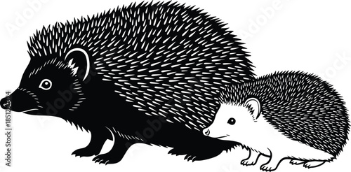Hedgehog parent and child, black and white illustration, animal silhouette, cute wildlife, textured spines, nature art, family bond, minimal design
