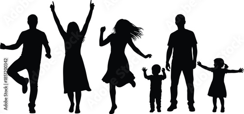 Happy family silhouettes dancing together, parents and children joyful poses, lifestyle celebration concept, black figures isolated white background illustration vector