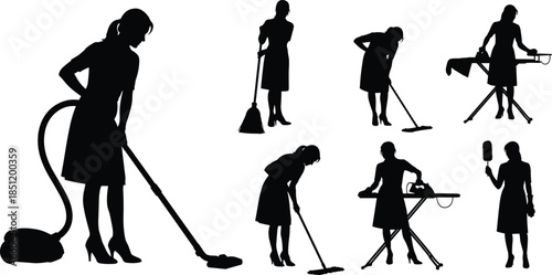 Housekeeping woman silhouettes set, female cleaner vacuuming sweeping ironing poses, domestic work activities, black figures isolated on white background