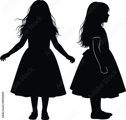 Little girl silhouettes front and side view, child standing poses in dress, innocent childhood concept, black figures isolated white background illustration