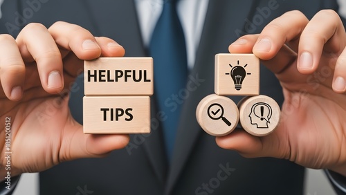 Businessman presenting helpful tips blocks alongside wooden icons symbolizing idea generation research and critical thinking in professional business concept