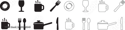 Black and White Kitchen and Dining Vector Icon Set. Food, Drink, Utensils, and Cookware Symbols. isolated PNG with Transparent Background