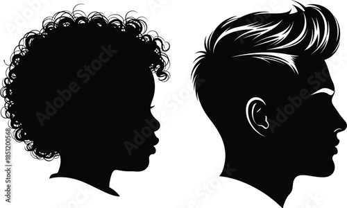 Male and female profile silhouettes, curly and modern hairstyles, human head side views, black vector portraits isolated white background illustration