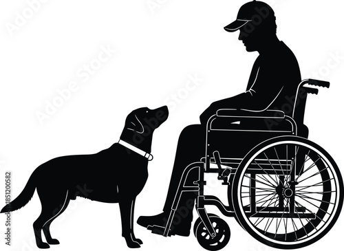 Man in wheelchair with loyal dog silhouette, disability support and companionship concept, assistance animal care, black figures isolated white background