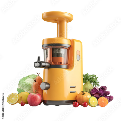 Bright yellow cold press slow juicer surrounded by fresh fruits and vegetables for healthy juicing isolated on transparent background