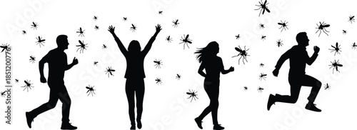 People running and jumping among insects silhouettes, panic and fear reaction concept, chaotic movement scene, black figures isolated on white background illustration