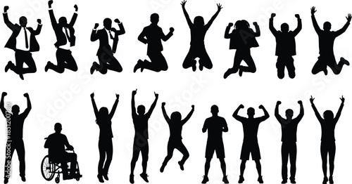 People jumping silhouettes set, celebration success poses, diverse men women teamwork energy, motivation achievement concept, black white vector illustration