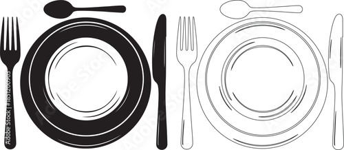 Isolated Vector Dinnerware Cutlery Place Setting Graphic, Solid Black and Line Art Outline isolated PNG with Transparent Background