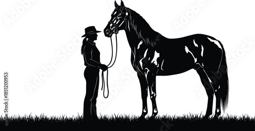 Western cowgirl leading horse silhouette, equestrian training concept, ranch lifestyle, human animal bond, black white vector illustration, isolated, background, art